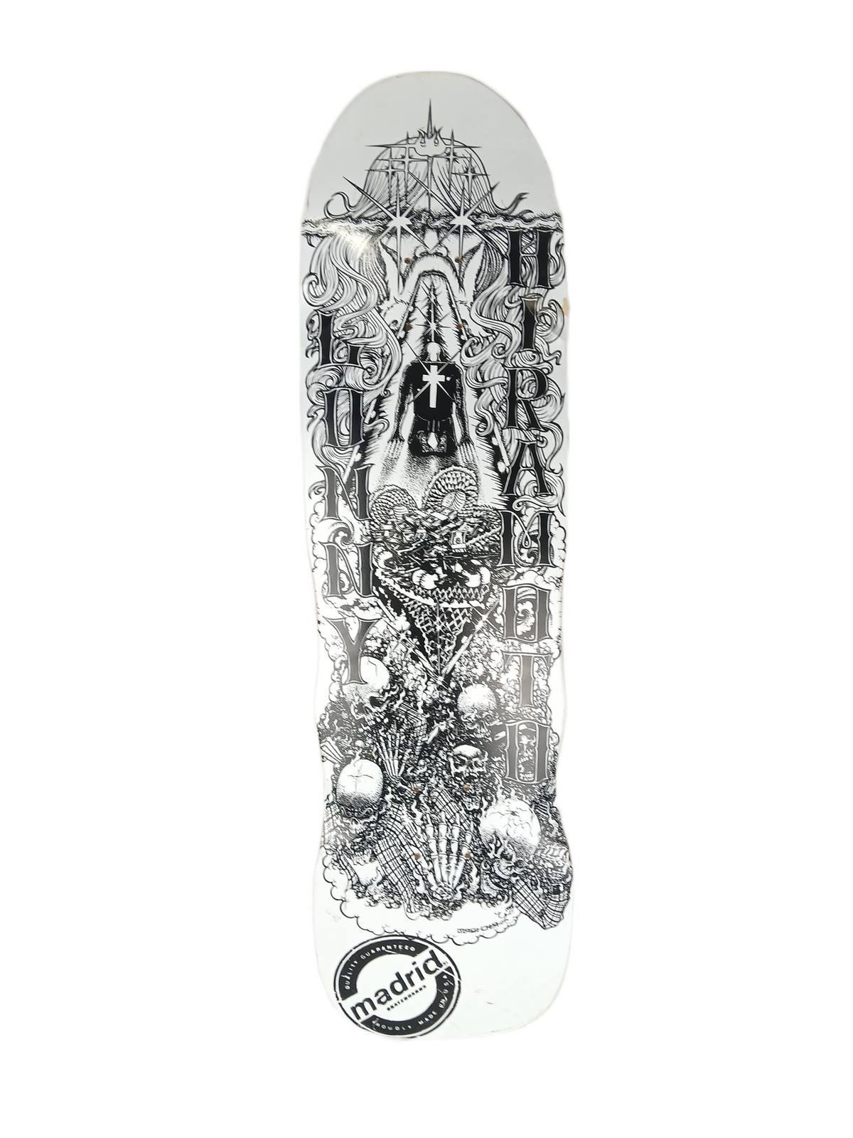 Madrid Lonny Hiramoto Skulls Deity Black White Size 8.9" Vintage NOS Shaped Deck