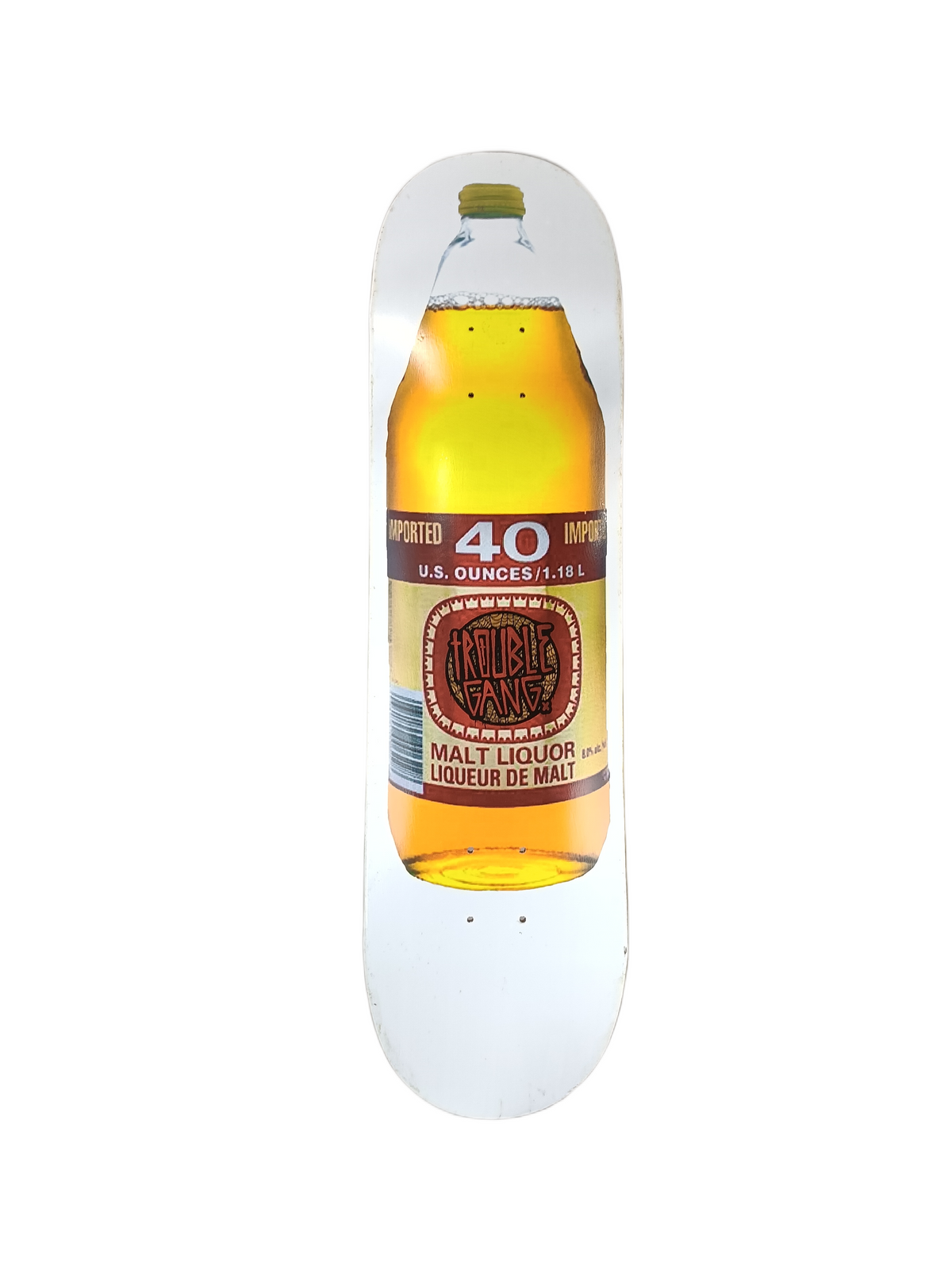 Trouble Gang Old English Rudy Johnson Graphic Spoof 40oz White Gold Red Size 8.25" Vintage NOS Deck