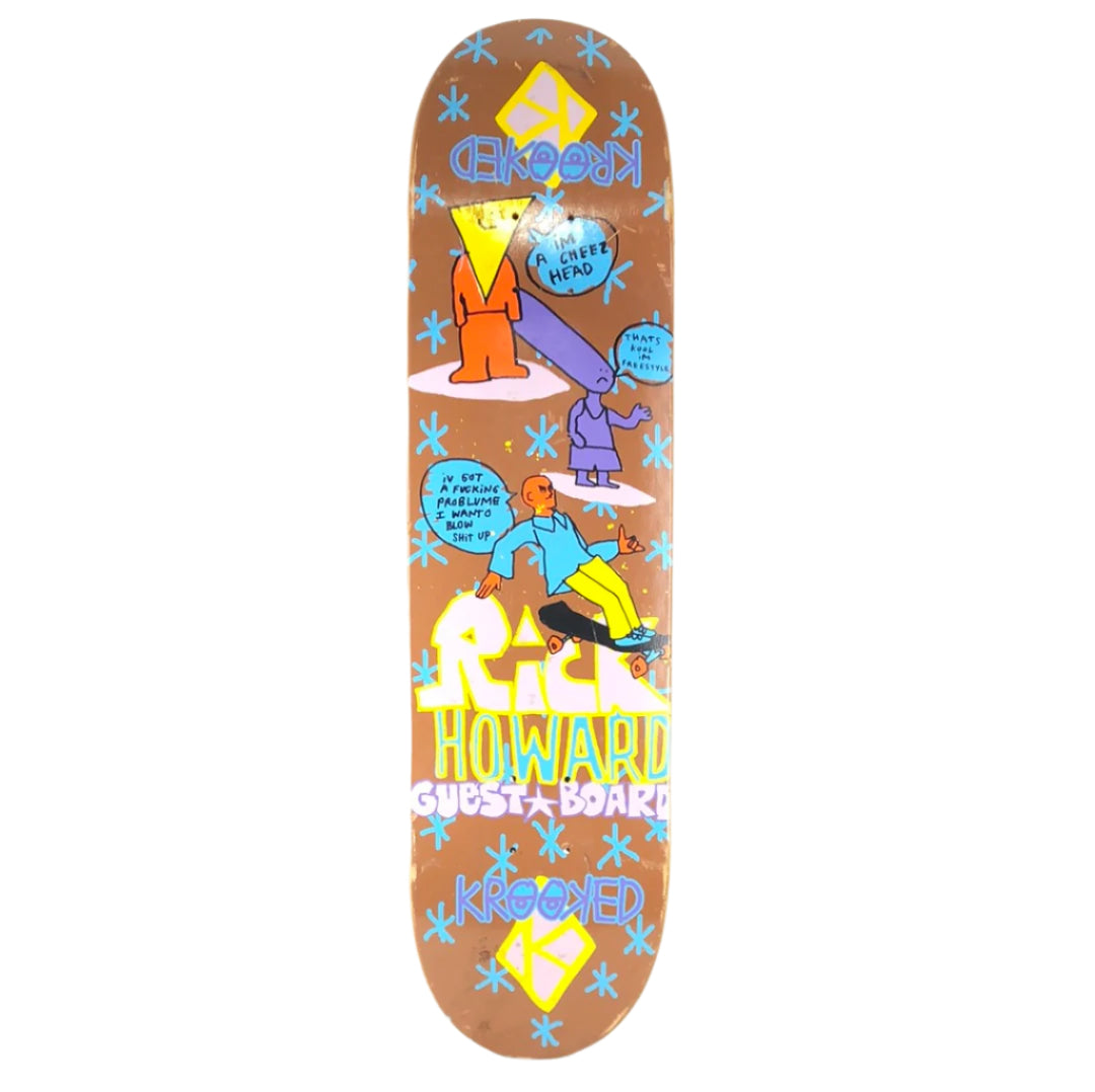 Krooked Rick Howard Guest Board Hand Painted Brown/Blue/Pink/Yellow/Multi Color Size 8.0" Vintage NOS Deck