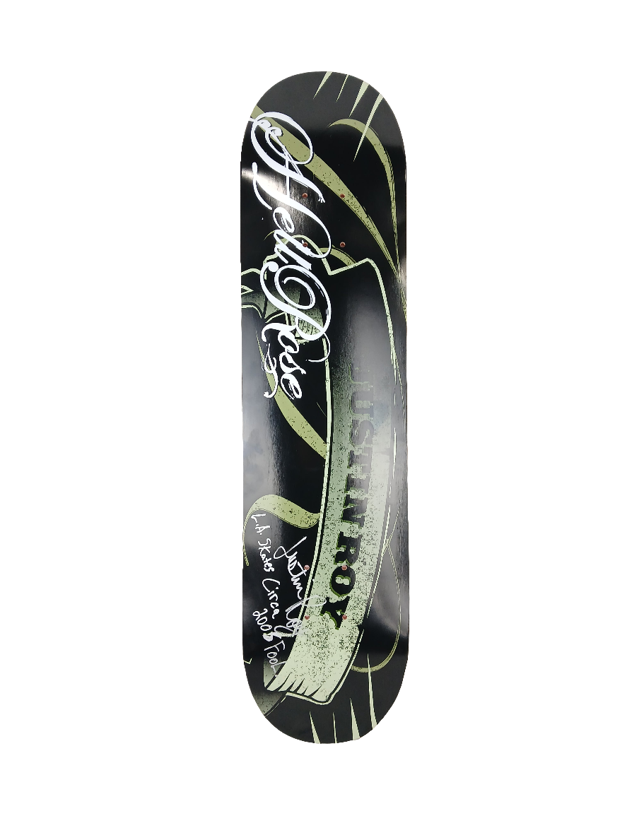 Hellrose Justin Roy Autographed Scroll Black White Olive Green Size 7.4" Vintage NOS Deck