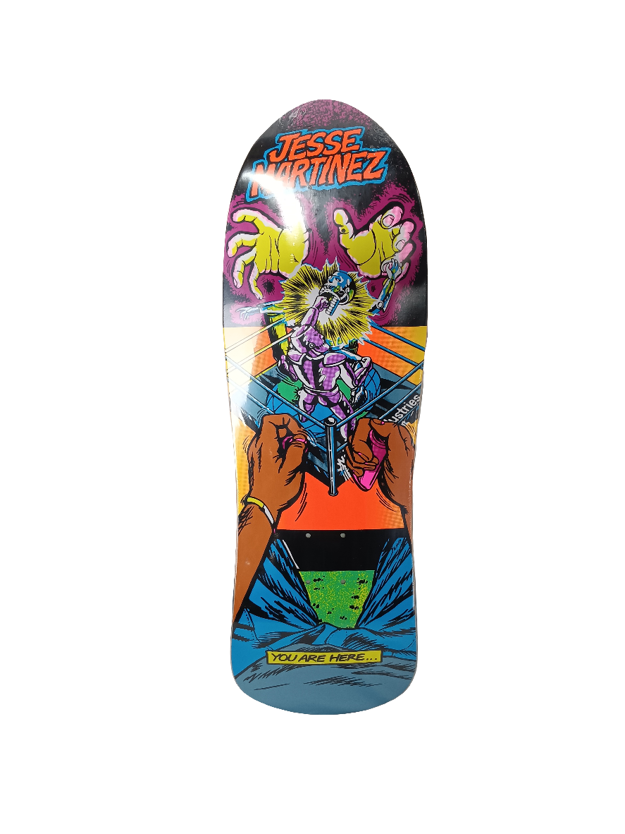 World Industries Jesse Martinez Rock em Sock em Robots Graphic Multi Color Size 10 Shaped Skateboard Deck