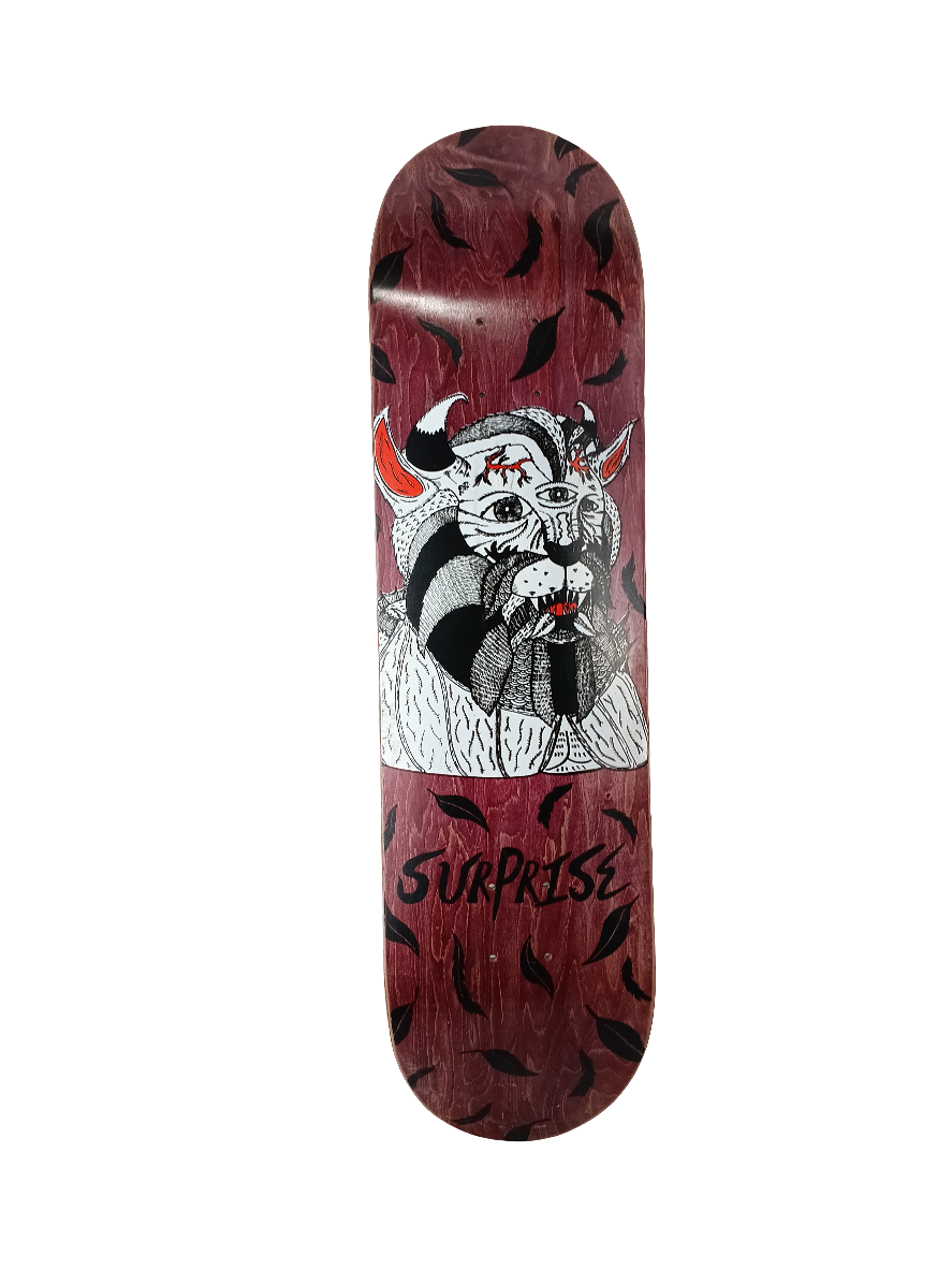 Surprise 3 Eyed Cat Graphic Purple Woodgrain White Red Size 8.25" Vintage NOS Deck