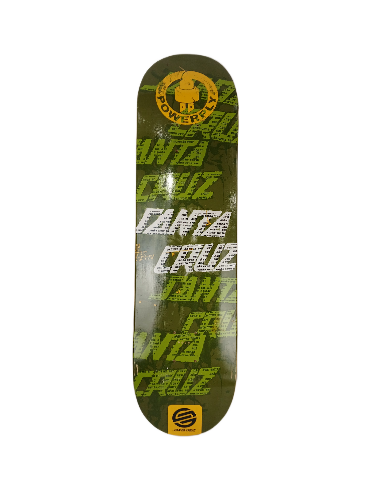 Santa Cruz Powerply Army Text Green Yellow White Size 8.25" Vintage NOS Deck