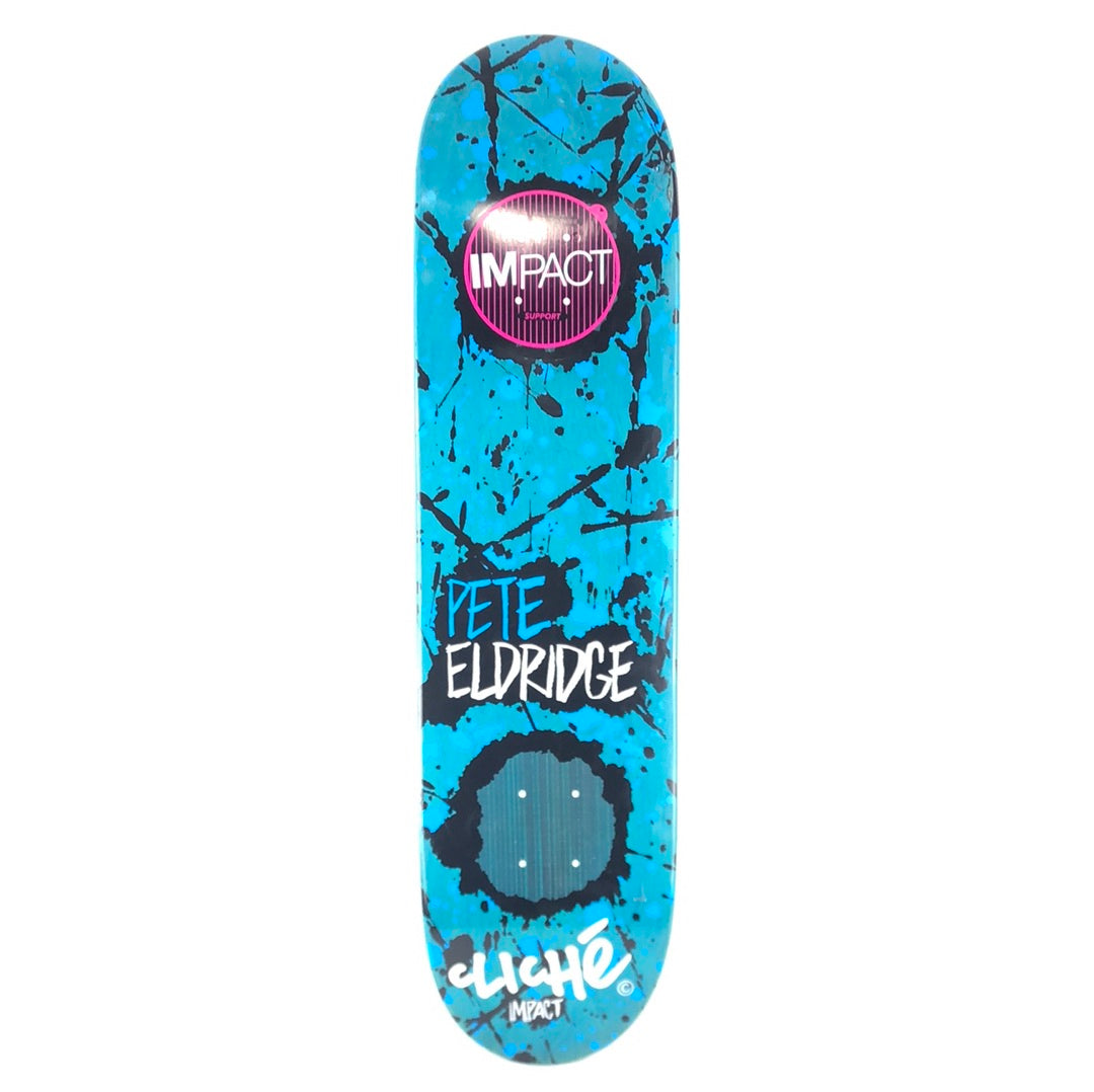 Cliché Pete Eldridge Impact Support Paint Splatters Blue/Black/White Size 8.0" Vintage NOS Deck