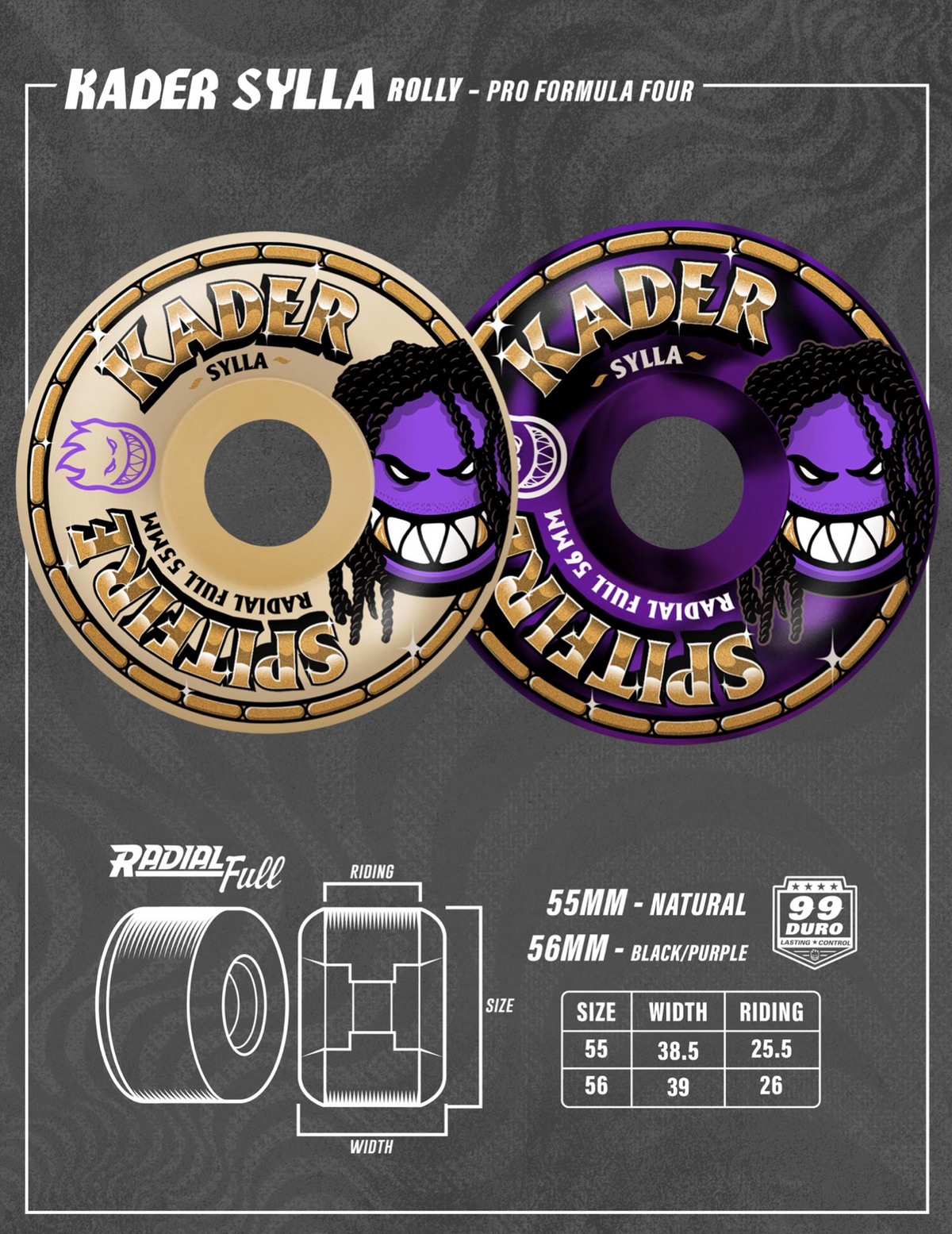 Spitfire F4 99A Kader Rolly Radial Full 56mm Black/Purple Swirl Skateboard Wheels